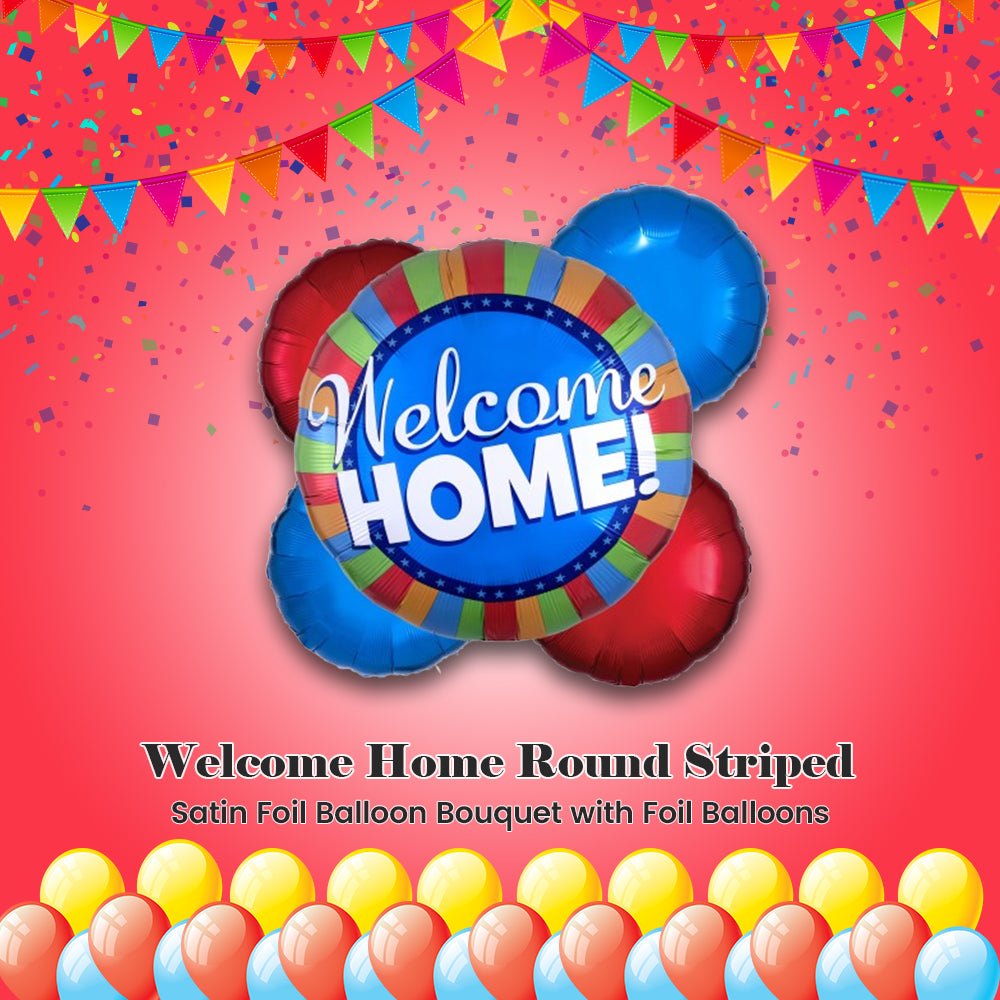 Welcome Home Round Striped Satin Foil Balloon Bouquet with Foil Balloons 5-pk