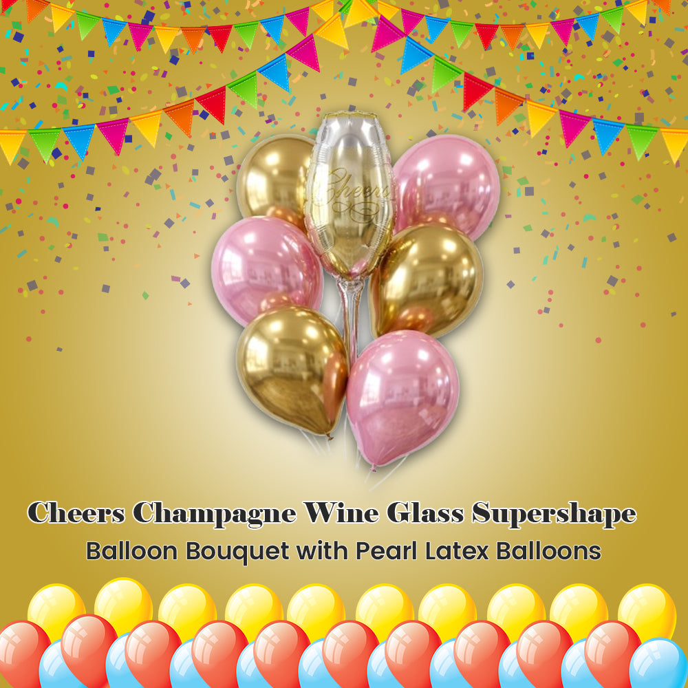 Cheers Champagne Wine Glass Supershape Balloon Bouquet with Pearl Latex Balloons 7-pk